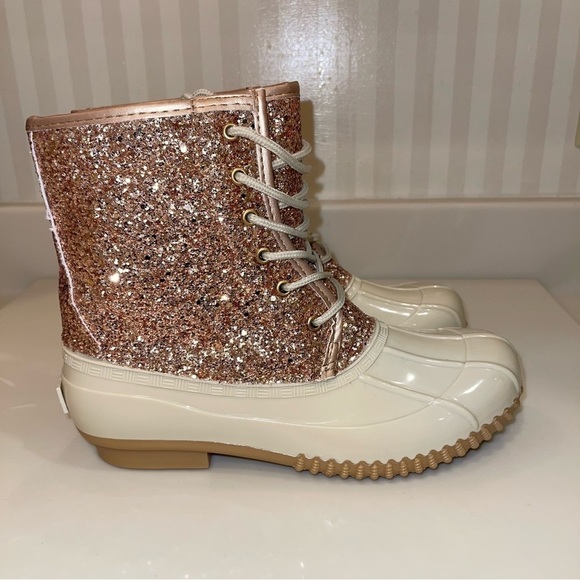 Sugar “Skipper” Rose Gold Glitter Lace Up Rain Snow Duck Boots - Picture 5 of 16